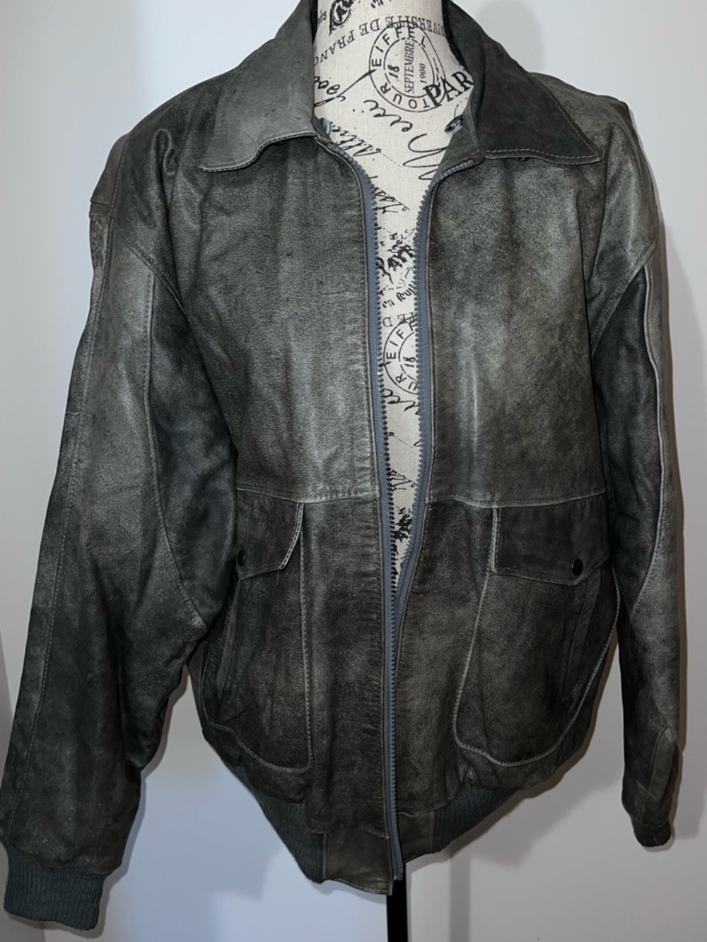 Etienne Aigner Vintage Distressed Leather Bomber Jacket Grey Size M